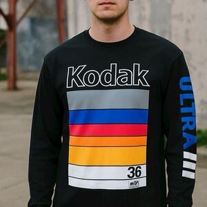 Kodak Mens Large Long Sleeve Graphic T-Shirt Black Retro Streetwear Logo Film
